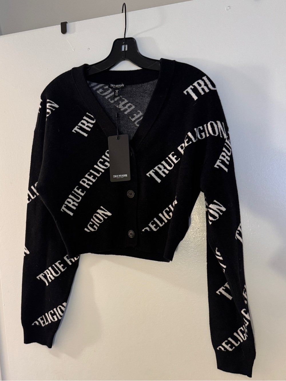 True Religion Jet Black Cropped Cardigan with White Logo - Picture 6 of 6